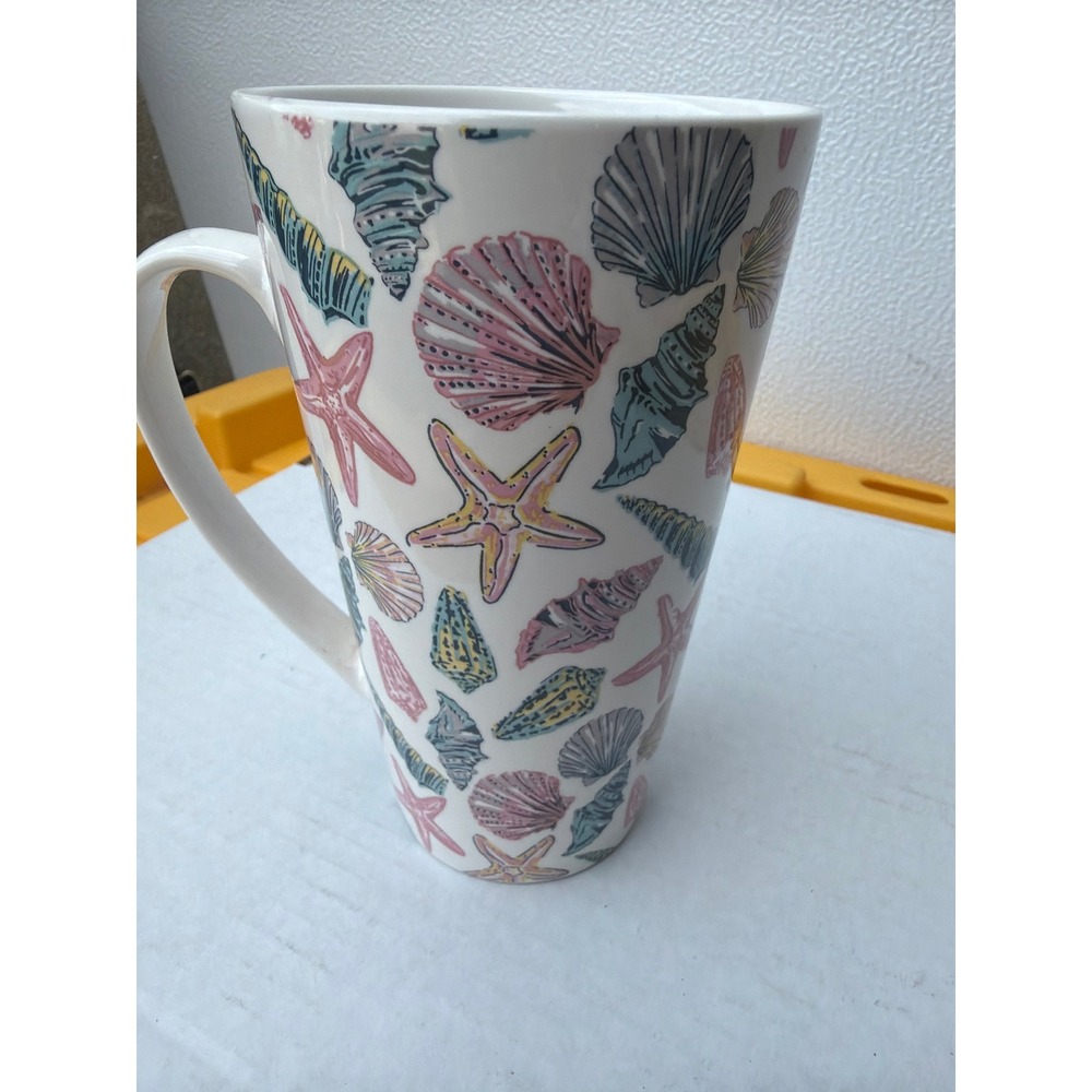 Joyland Seashell Starfish Tall Latte Mug New Bone China Pastel Coastal White Cup